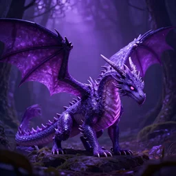 brightly lit fairy dragon in a dim dark forest purple 4 k raytracing high definition detailed artstation realistic trending dramatic lighting