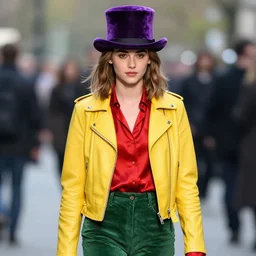 photos of young winona ryder wearing a yellow leather jacket, green corduroy pants, a red silk blouse, and purple velvet top hat on her head, photoshoot in the style of annie leibovitz, photorealistic, soft focus, bokeh, 5 0 mm