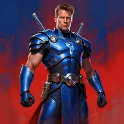 sci - fi art, dolph lundgren as armored warrior, blue and red in the background, art by ismail inceoglu