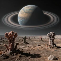 Alien planet with weird unknown plants, POV looking far in the distance, rings stretch across horizon, landscape photography 4k