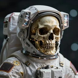 ornate skull in astronaut suit with gold linens, cinematic lighting, dramatic,  octane render, long lens, depth of field, bokeh, anamorphic lens flare, 8k, hyper detailed