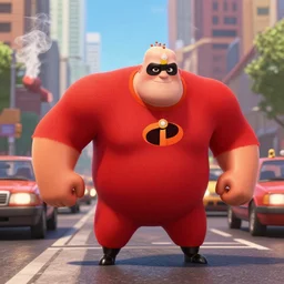 film still of mr incredible directing traffic in the the incredibles movie, high detail shot, smoking, render, cgsociety, photorealism