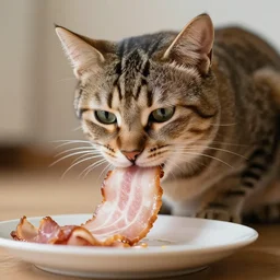 Arnold the cat eating bacon