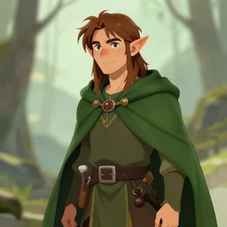 elf druid with messy brown hair, green cloak, character art, trending on artstation,