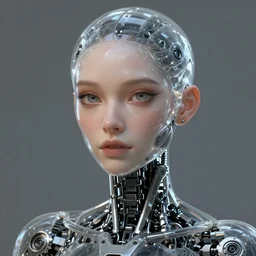 a robotic goddess with transparent skin, highly detailed, digital painting, smooth, sharp, beautiful face, expressive eyes, highly intricate, art by Boris Vallejo and H.R. Giger
