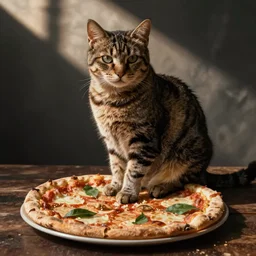 Cat sitting on a pizza by Rembrant