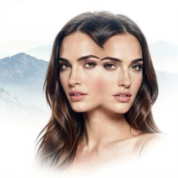 megan fox face double exposure effect with beautiful mountain scenery, tattoo design sketch, in the style of matteo pasqualin, amazing detail