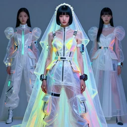 an ukiyo e cgi rtx hdr portrait of a beautiful japanese girl detailed features wearing a futuristic wedding dress brights, utility chic, sheer fabrics, zippers, belts & velcro galore, big techno watches, cargo pants, designed by balenciaga bypainting bioluminance alena aenami artworks in 4 k by jesper ejsing, feng zhu and loish beep
