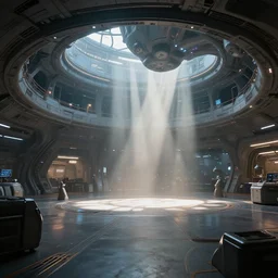 wide shot, interior of an alien spaceship, futuristic, hyperrealism, crepuscular rays, ray tracing, by greg rutkowski and artgem