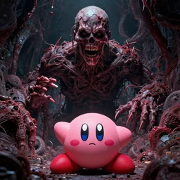 movie frame still from live action adaptation of kirby, directed by steven spielberg, 8 k, vhs glitch, ultra wide angle, high contrast, zenith view, greg rutkowski, intrincate, highly detailed, ilm, oscar winning photography, grain, dramatic lighting, greg nicotero, horrifying movie, nightmare fuel, horror movie