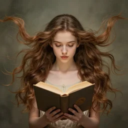a girl reading a book, hair flowing down, symmetric!, 8 k, hyperrealistic, hyperdetailed, fantasy portrait by laura sava