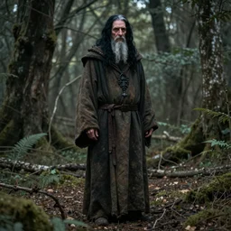 an elderly aasimar wearing robes that lives in the forest, homeless, full body shot, black hair