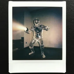 transparent horror monster polaroid interior photo, dynamic pose, full body shot, sharp focus, grainy, flashlight