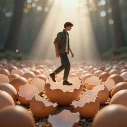a man tiptoeing through an endless field of eggshells, cinematic lighting, god rays!!!, by Brom!!!!!!!, by Caravaggio!!!!, by Nebezial!!!, portfolio illustration, highly detailed, trending on Artstation, CGsociety, HQ, 8k, 35mm lens, f2.8, Bokeh, rendered in Arnold, rendered in Octane.