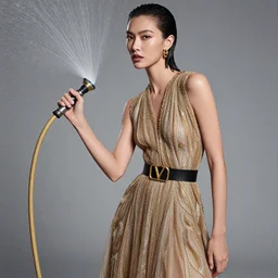fashion model is getting wet by a hose, luxury dress, official valentino editorial, highly detailed