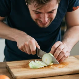 British man chopping onions on a wooden cutting board and crying, dslr photo