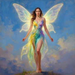 Full body photo of the beautiful woman Gal Gadot as a fairy, she has vibrant colors, she has delicate wings, there is a glow coming from her, she is getting ulluminated by the sky, the photo was taking by Annie Leibovitz, matte painting, oil painting, naturalism, 4k, 8k