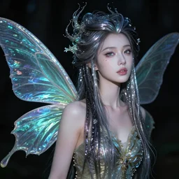 a highly detailed professional portrait of a female fairy, photo by annie liebovitz, beautiful model, dramatic lighting, otherworldly, fantasy art, iridescent colors, dark aesthetic, intricate design, detailed shiny hair, atmospheric,