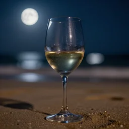high detailed wine glass at a beach at nighttime, full moon, 4k