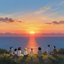 sunset landscape ocean album cover, cartoon digital painting, detailed, beautiful brush stroke rendering, by beeple, by hayao miyazaki, by takashi murakami, by masahiro ito, 4 k wallpaper