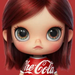 the coke logo personified as a cute sprite themed cartoon girl in the style of lavendertown, margaret keane style, large dark eyes, extremely detailed and colorful eyes, digital art, deviantart, soda themed girl, hyper detailed