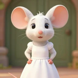 a anthropomorphic mouse female with white fur in a white dress, in the style of zootopia
