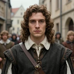 medium shot of beautiful attractive man in the medieval street, young face, brown hair, intricate face, wearing 1 7 th century clothes, outside, matte painting, sargent, leyendecker, close - up shot asymmetrical intricate elegant matte painting, sharp focus, by greg rutkowski