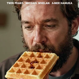 twin peaks poster by michael whelan and tomer hanuka, close up portrait of bearded man failing to make a waffle, in a kitchen, by makoto shinkai and thomas kinkade, matte painting, black line art on white background, trending on artstation and unreal engine