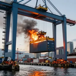 Port of Vancouver, gantry lifting a container on fire, hyper realistic, futuristic