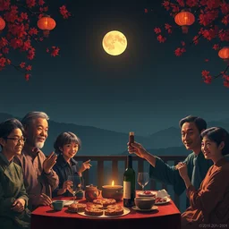 mid - autumn festival, moon, family gathering, wine bottle, mooncake, surreal, dramatic light, by victo ngai, by james jean, by rossdraws, frank franzzeta, mcbess, feng zhu
