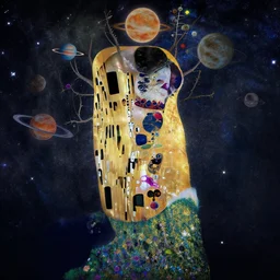 a cosmic yggdrasil with planets hanging from the branches by gustav klimt, digital art, artstation, low angle, high detail, intricate, wide shot, centered,