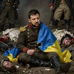 Volodymyr Zelensky at war,  dressed like  Napoleon Bonaparte,  sitting on the ground between dead corpses and weeping, holding a half burnt blue and yellow flag of Ukraine, in the style of Peter Paul Rubens