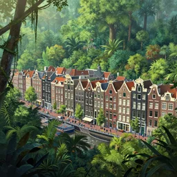 the bustling city of amsterdam in the middle of a dense tropical jungle, digital painting, trending on artstation, concept art, matte painting, highly detailed, final fantasy, jrpg, art by greg rutkowksi, craig mullins, octane render, 8 k