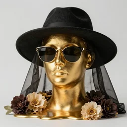 a head made out of melting gold, dark palette, it is wearing sunglasses and a hat and a veil, there are flowers all around it, yellow paint melting, vogue cover style, depth of field, demonic style, smooth fractal style, ethereal fantasy style, 3 d perfect render style, horror style
