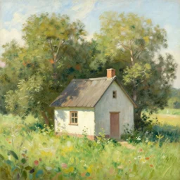a cute little house in summer, Levitan, Tuomas Korpi, Carl Spitzweg, matte painting, artstation