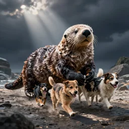 A picture of a giant sea otter with dogs crossing over it