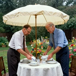 joe biden and walter white putting dishes on a table in the backyard, a tilted parasol sits above the table, a garden with colorful flowers in the background, rainy scene, cozy 1 9 5 0's, medium symmetry, by greg rutkowski, by ilya repin, extreme detail, 8 k, intricate abstract, photorealistic