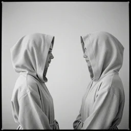 black and white photo film + two lovers in robes with hoods + high detail + city background + brutalist phyllotaxis architecture