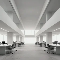 symmetry, parallel perspective with center end point, parallax mapping of brutalist office, minimalist architecture, minimalist furniture, octane render, high quality