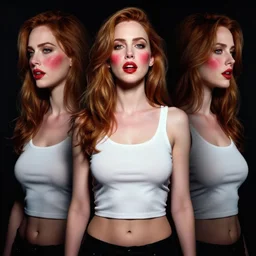 symmetry!! christina hendricks!!! full frontal body photography of skinny christina hendricks in croptop by mario testino, croptop!! blushing, red - cheeks!!, dim volumetric cinematic lighting, 8 k, post - processing, extremely hyper - detailed, intricate, epic composition, masterpiece, stunning,