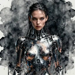 fierce wet fashion model, in the style of irakli nadar, liquid metal top, cyborg, effervescent, dark, brooding, poster art, high detail, hyperrealistic watercolor, deep mood, hyperrealism, 3 d,