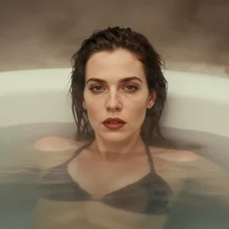 photographic portrait by Annie Leibovitz of AMOURANTH in a hot tub, closeup, foggy, sepia, moody, dream-like, sigma 85mm f/1.4, 15mm, 35mm, 4k, high resolution, 4k, 8k, hd, full color