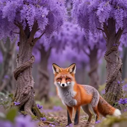 fantastic fairy - tale forest. with spiral trunks. trees, they have fluffy purple flowers with hangers. huge flowers. fox with fluffy shiny fur close - up. very clear image.