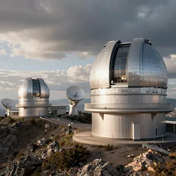 Highly realistic arch-viz render of concept art for a modern Spanish observatory of multiple telescopes scattered across the mountaintop