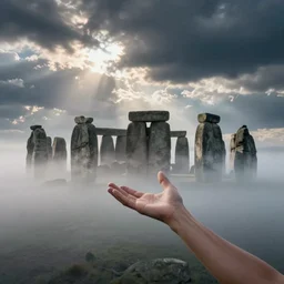 arm reaching out of thick fog, blocks of granite in the sky, stonehenge, zdzislaw beksinski