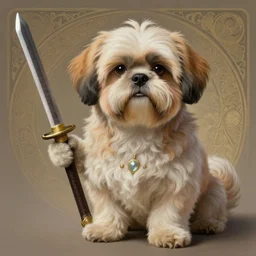 a anthropomorphic shih - tzu warrior, holding a wakizashi, diffuse lighting, fantasy, intricate, elegant, highly detailed, lifelike, photorealistic, digital painting, artstation, illustration, concept art, smooth, sharp focus, naturalism, trending on byron's - muse, by greg rutkowski and greg staples and alphonse mucha