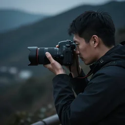 a photographer taking a picture. bokeh. background blur. vignette. bluish darks. dslr photo