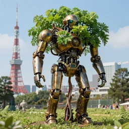 Tree growing from giant steampunk robot walking in Tokyo 4K HD Photorealisitc