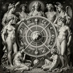 hyper realistic painting of the muses, in the style of mc escher, wayne barlowe, gustav moreau, goward, gaston bussiere and roberto ferri, santiago caruso, and austin osman spare, bouguereau, mucha, saturno butto, sorayama. occult art, alchemical diagram