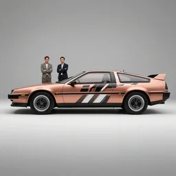 wide view shot of a copper colored car with some black and white paint, designed by dmc and gmc, style by john berky and liam wong and michael whelan.